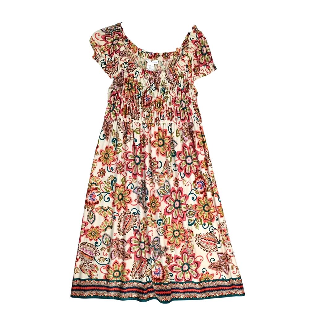 London Times Floral Smocked Midi Dress Sz 12 Ruffled Trim Stretch Boho Mod Retro